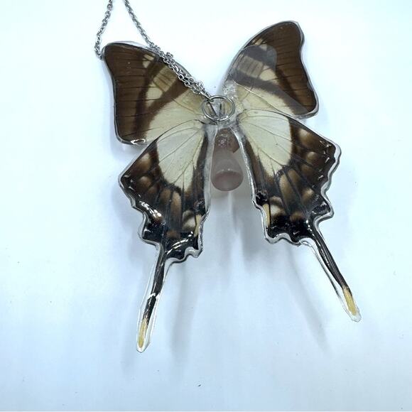 Unbranded Butterfly Large Pendant Necklace Brown Silvertone chain 70s 90s Boho - Picture 10 of 11
